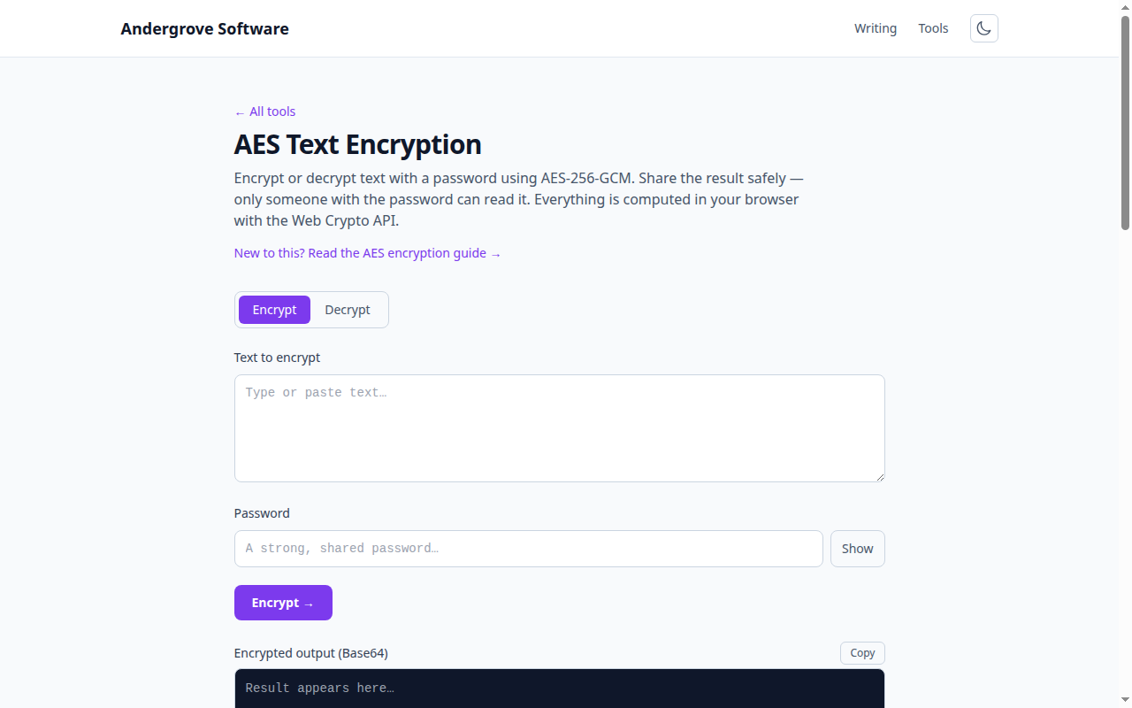 Screenshot of the AES Text Encryption tool on andergrove.com