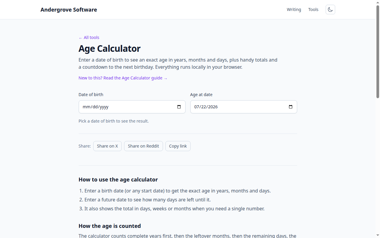 Screenshot of the Age Calculator tool on andergrove.com