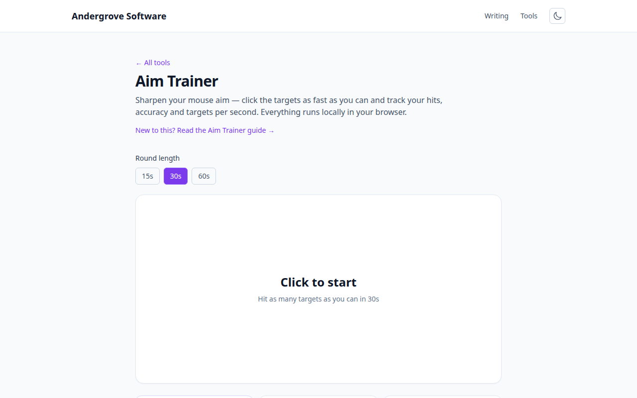 Screenshot of the Aim Trainer tool on andergrove.com