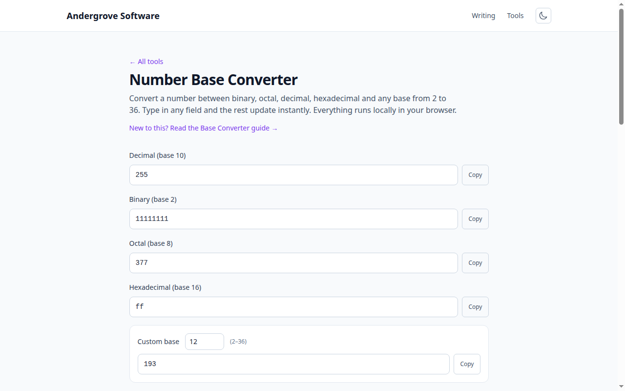 Screenshot of the Number Base Converter tool on andergrove.com