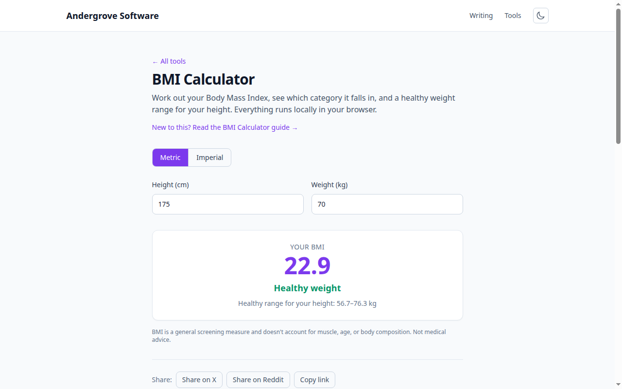 Screenshot of the BMI Calculator tool on andergrove.com