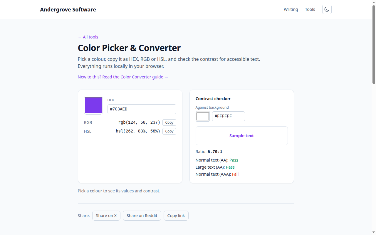 Screenshot of the Color Picker & Converter tool on andergrove.com