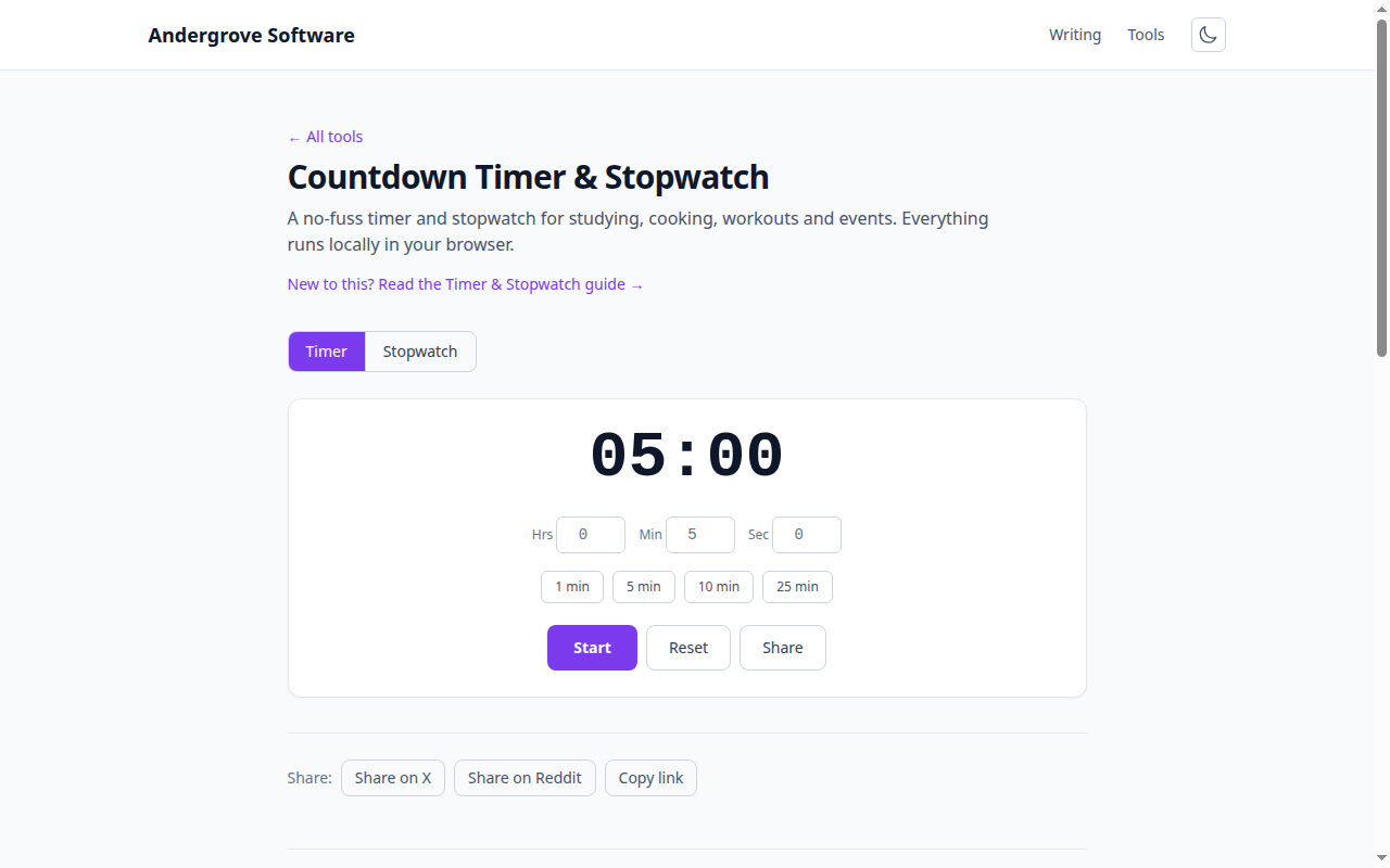 Screenshot of the Countdown Timer & Stopwatch tool on andergrove.com