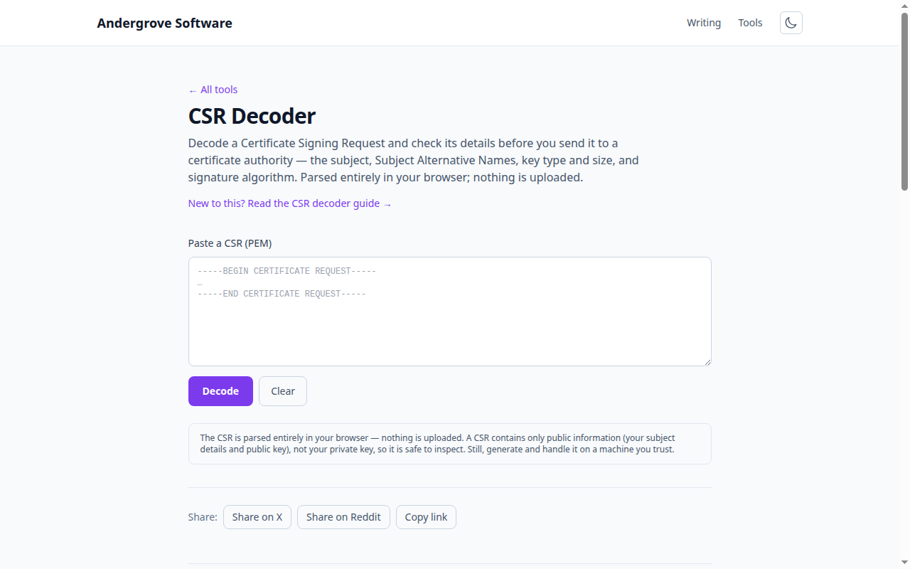 Screenshot of the CSR Decoder tool on andergrove.com