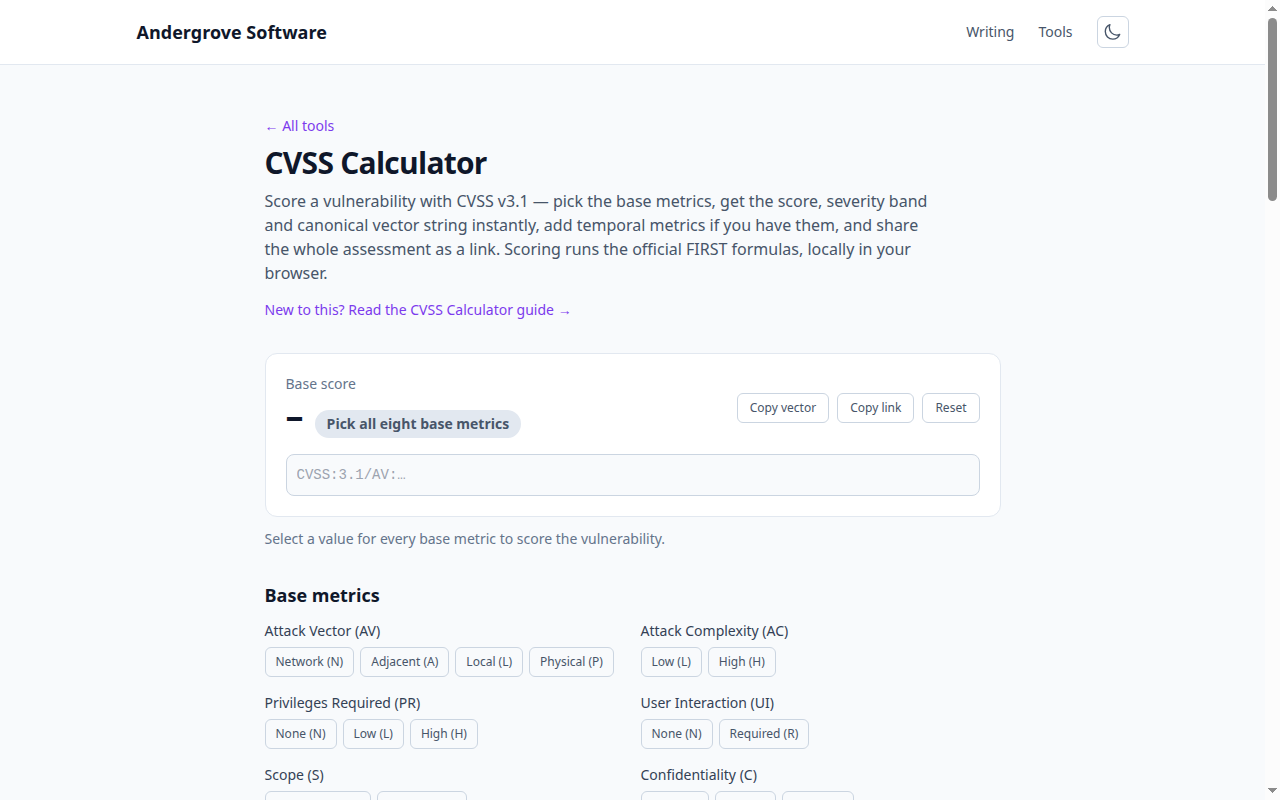 Screenshot of the CVSS Calculator tool on andergrove.com