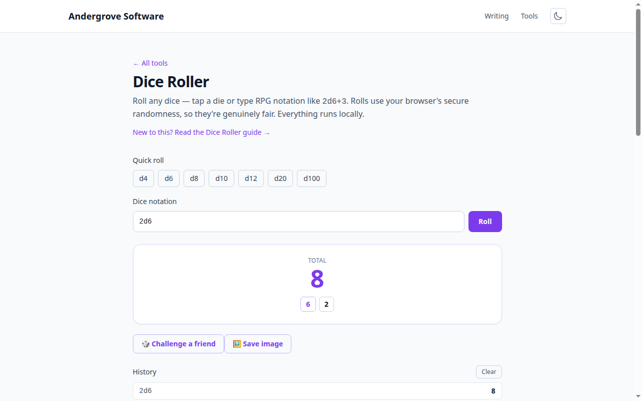 Screenshot of the Dice Roller tool on andergrove.com
