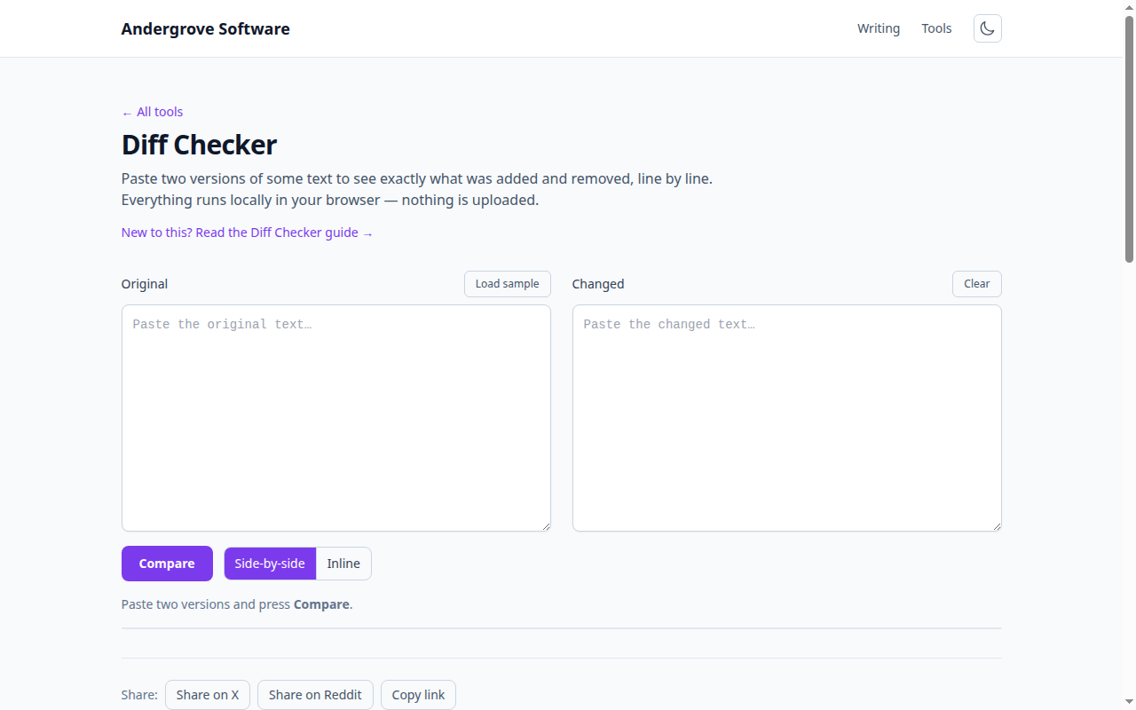 Screenshot of the Diff Checker tool on andergrove.com