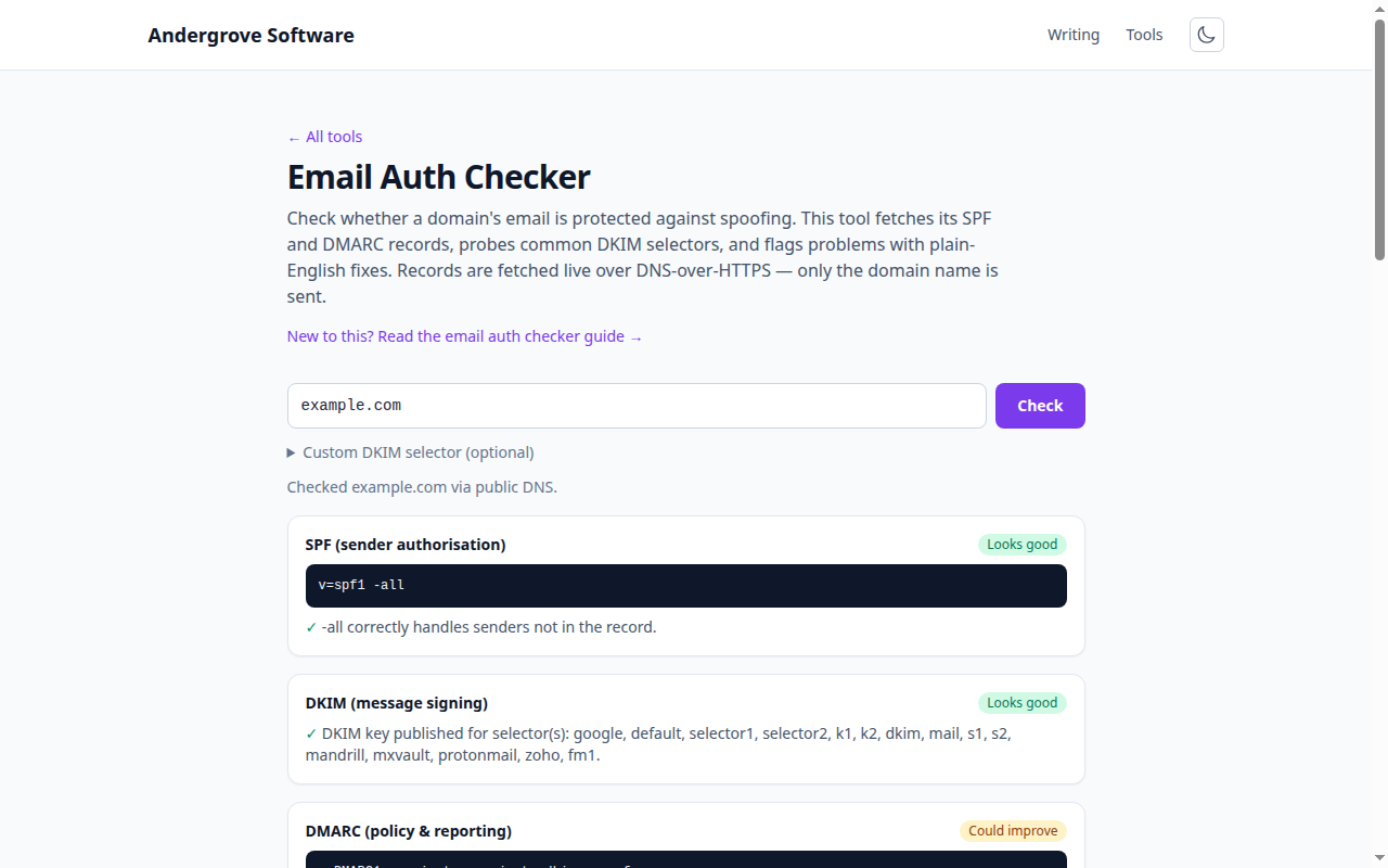 Screenshot of the Email Auth Checker tool on andergrove.com
