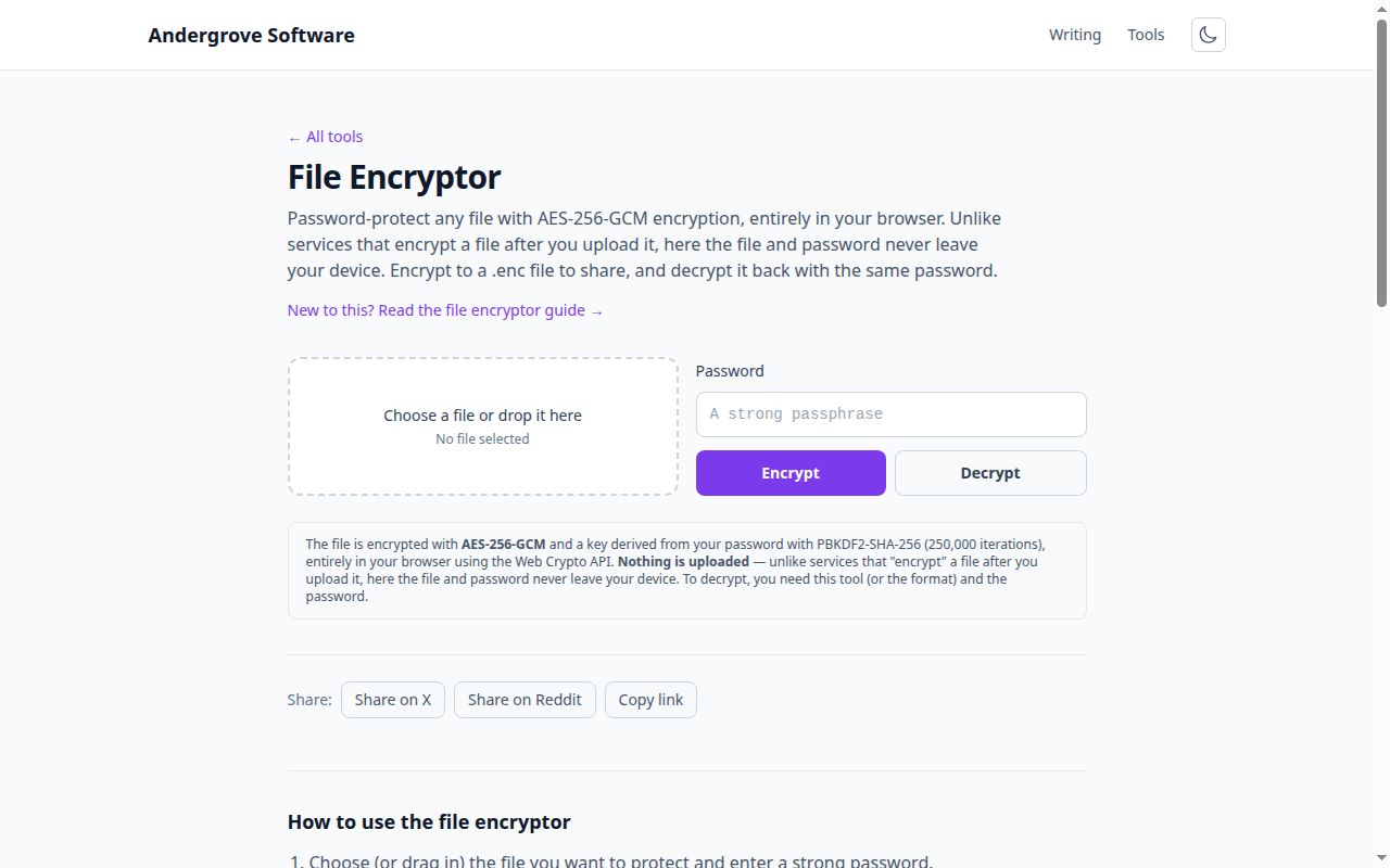 Screenshot of the File Encryptor tool on andergrove.com