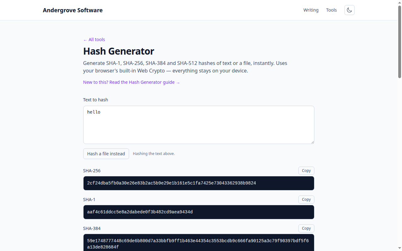 Screenshot of the Hash Generator tool on andergrove.com