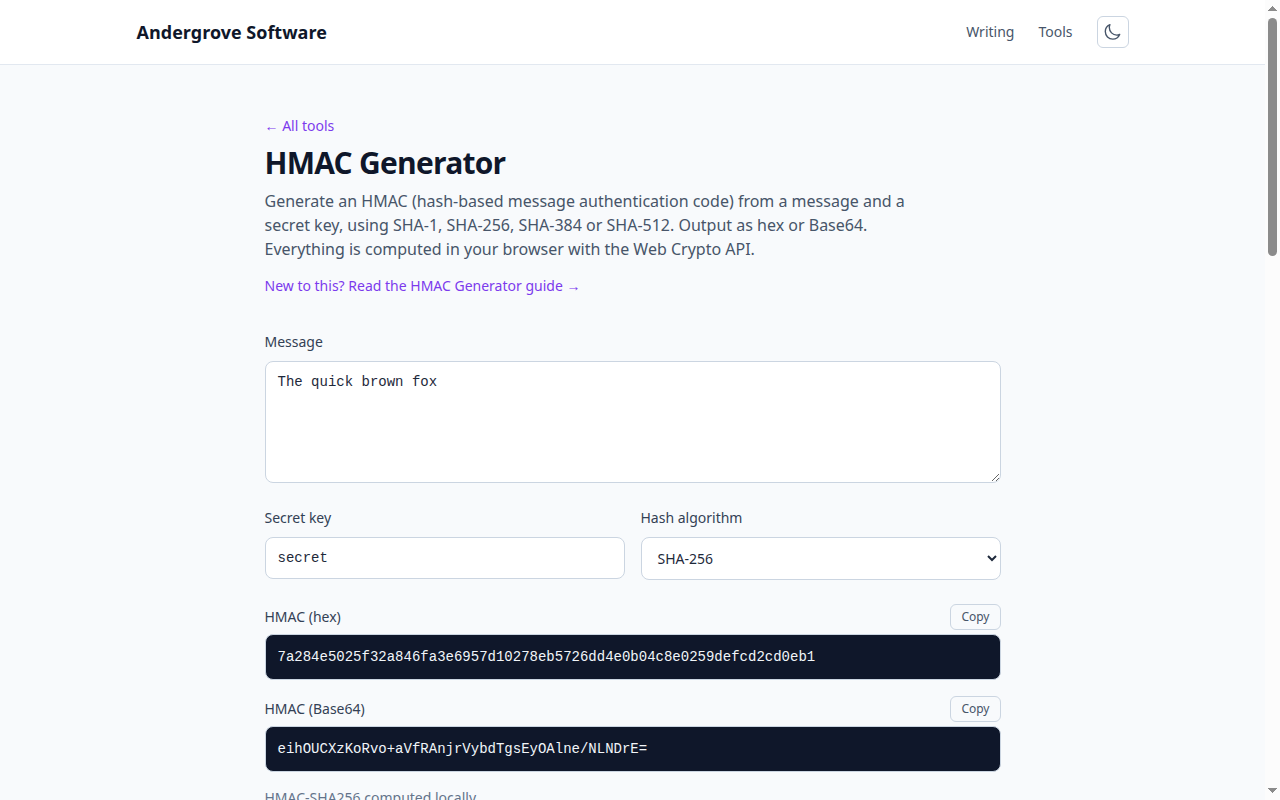 Screenshot of the HMAC Generator tool on andergrove.com