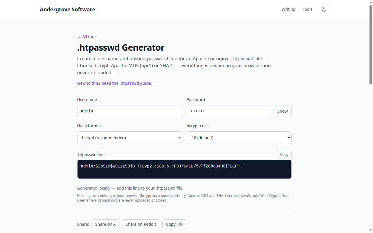 Screenshot of the .htpasswd Generator tool on andergrove.com