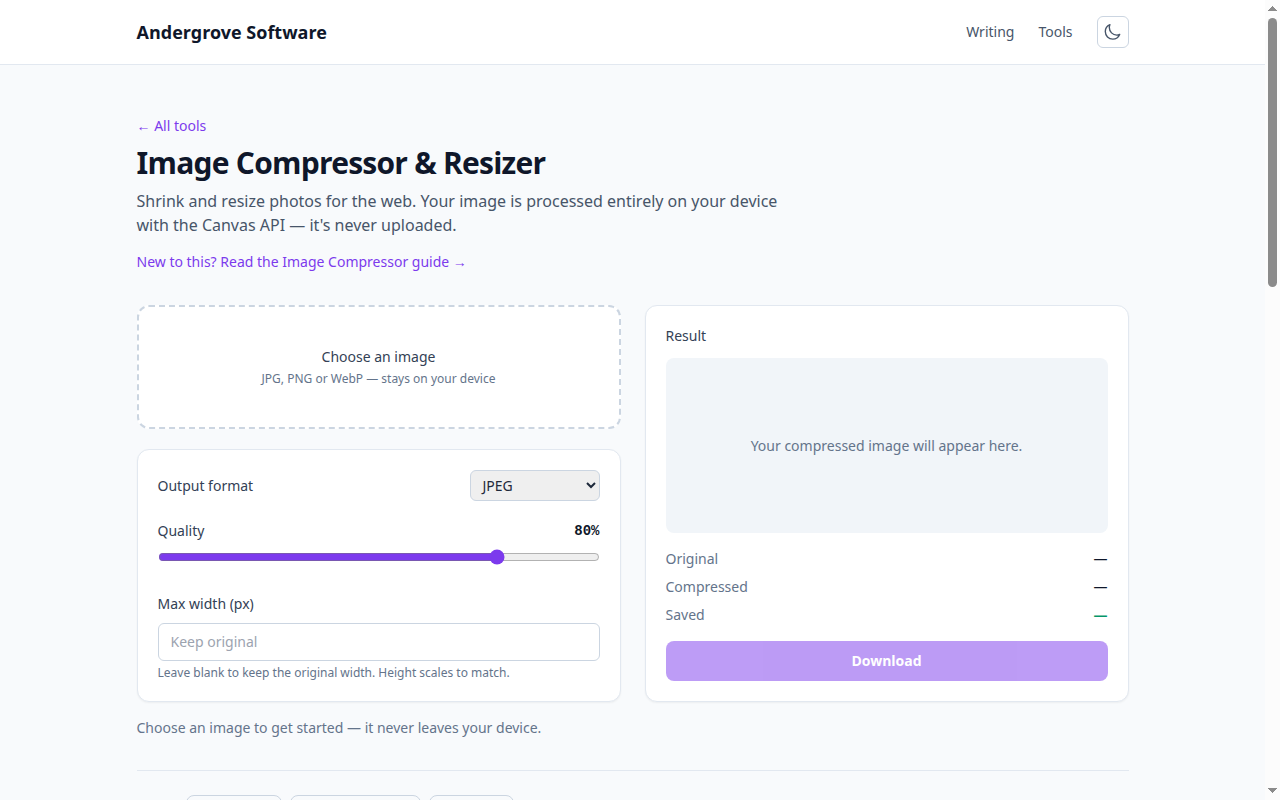 Screenshot of the Image Compressor & Resizer tool on andergrove.com