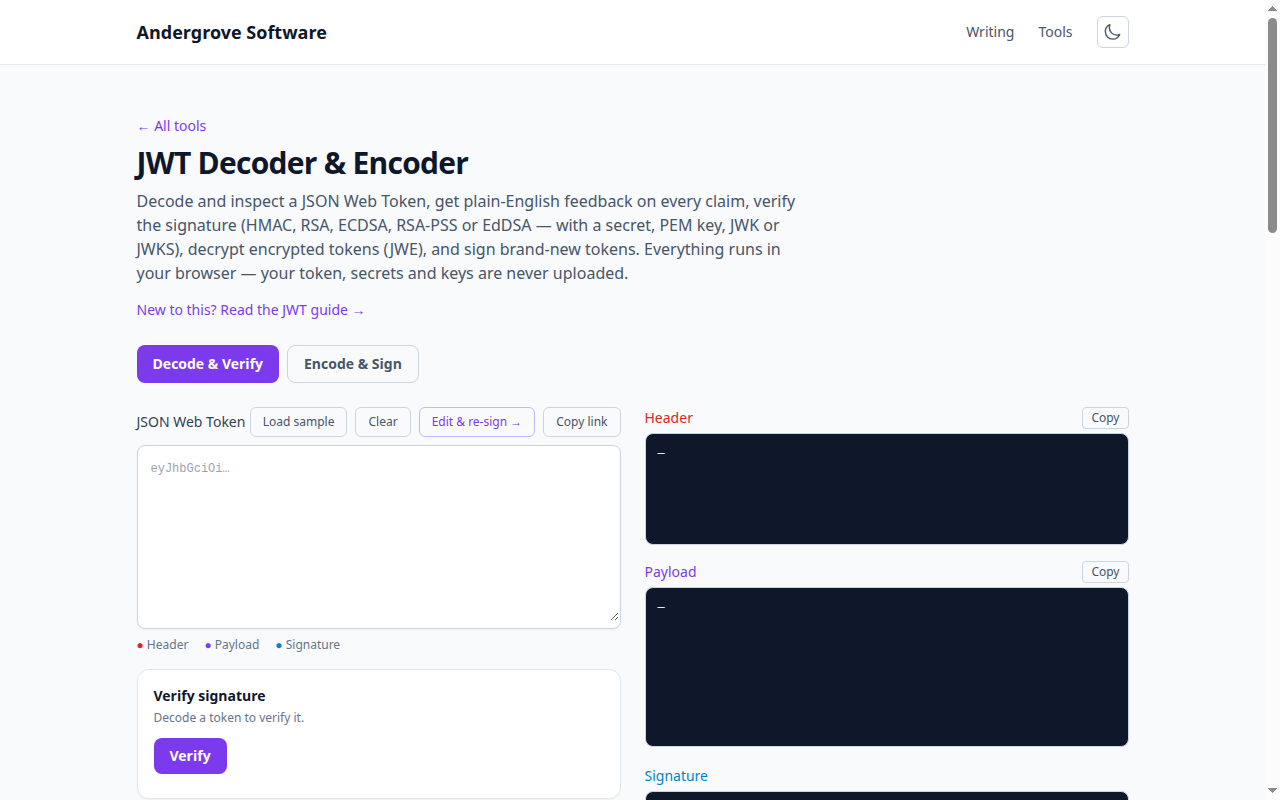 Screenshot of the JWT Decoder tool on andergrove.com