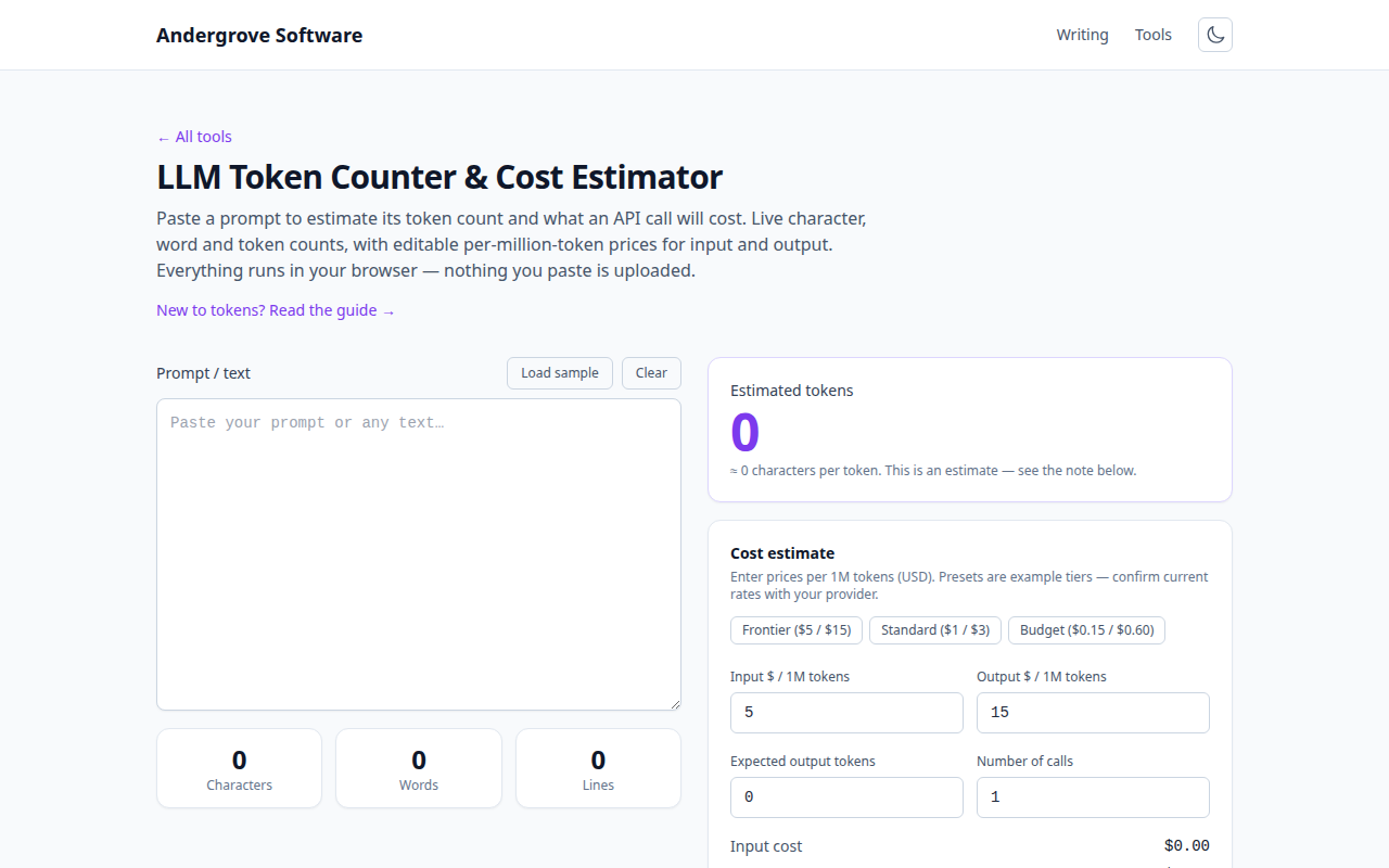 Screenshot of the LLM Token Counter tool on andergrove.com