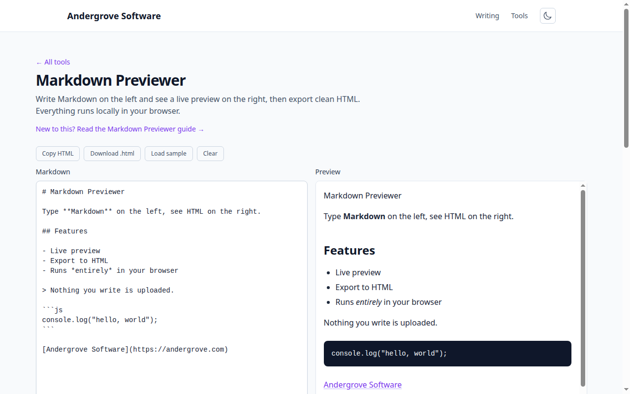 Screenshot of the Markdown Previewer tool on andergrove.com