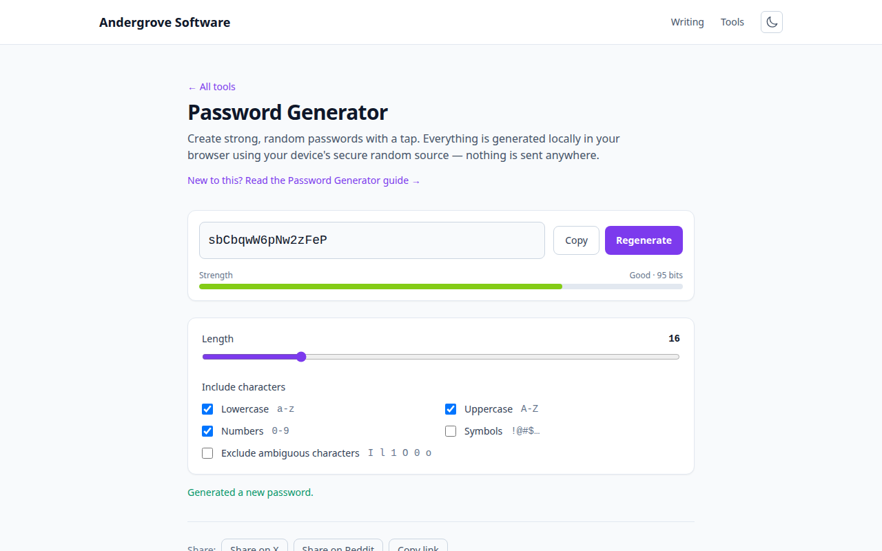 Screenshot of the Password Generator tool on andergrove.com