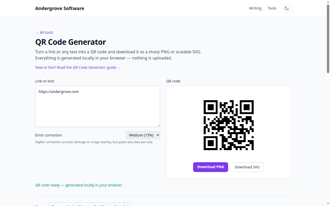 Screenshot of the QR Code Generator tool on andergrove.com