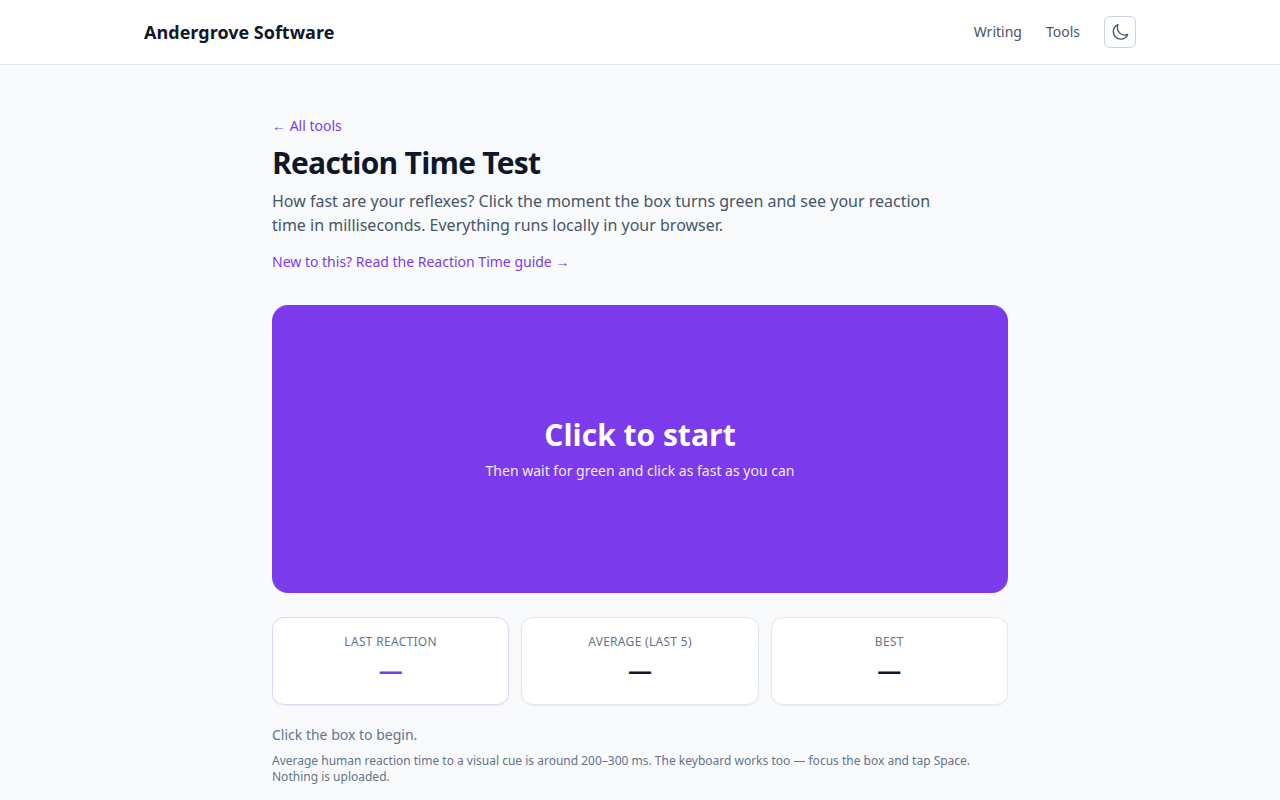 Screenshot of the Reaction Time Test tool on andergrove.com