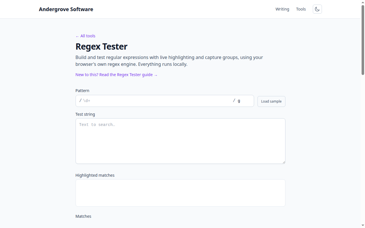 Screenshot of the Regex Tester tool on andergrove.com