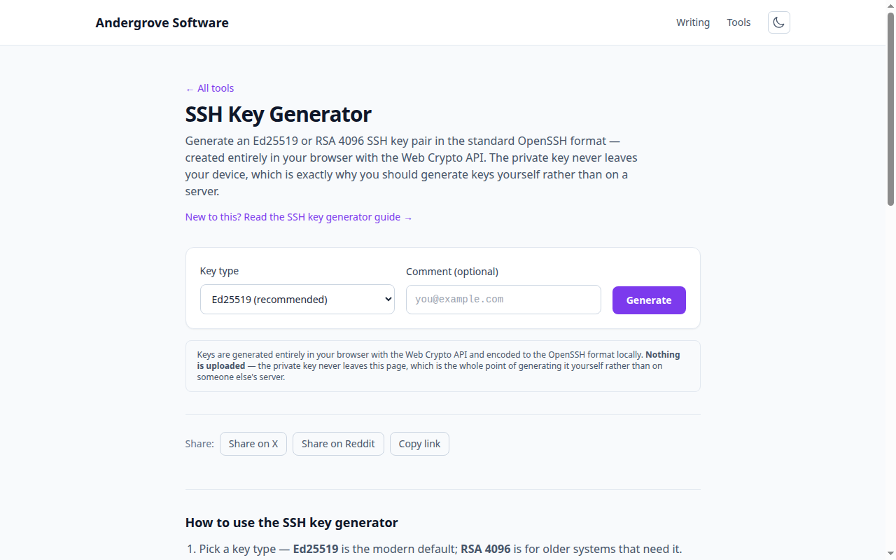 Screenshot of the SSH Key Generator tool on andergrove.com