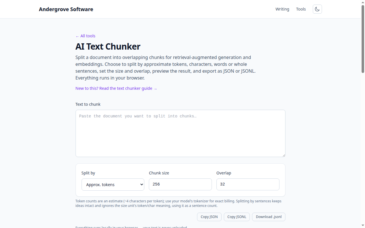 Screenshot of the AI Text Chunker tool on andergrove.com