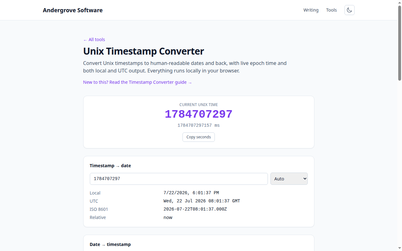 Screenshot of the Unix Timestamp Converter tool on andergrove.com