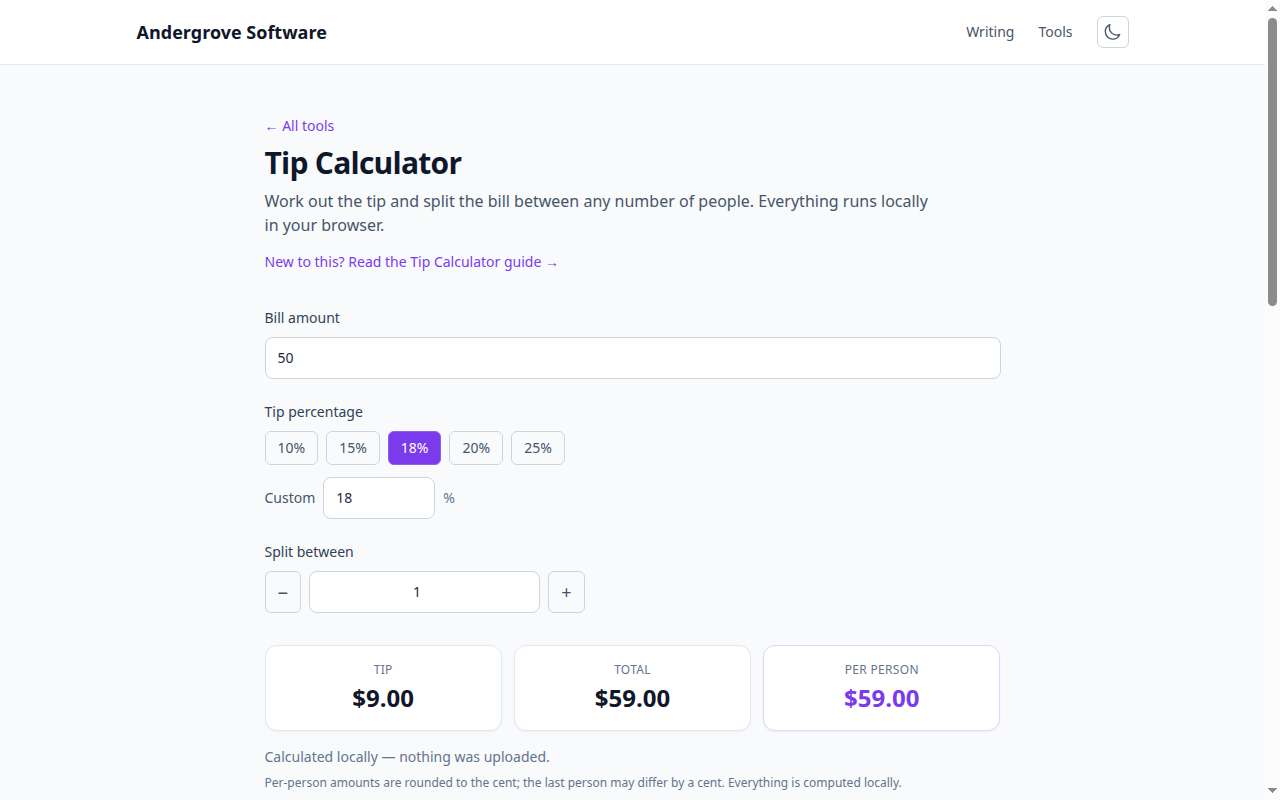 Screenshot of the Tip Calculator tool on andergrove.com