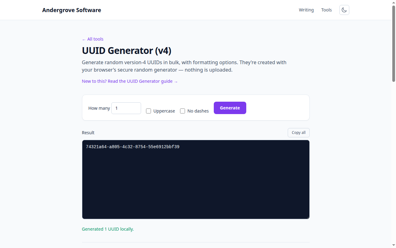Screenshot of the UUID Generator tool on andergrove.com