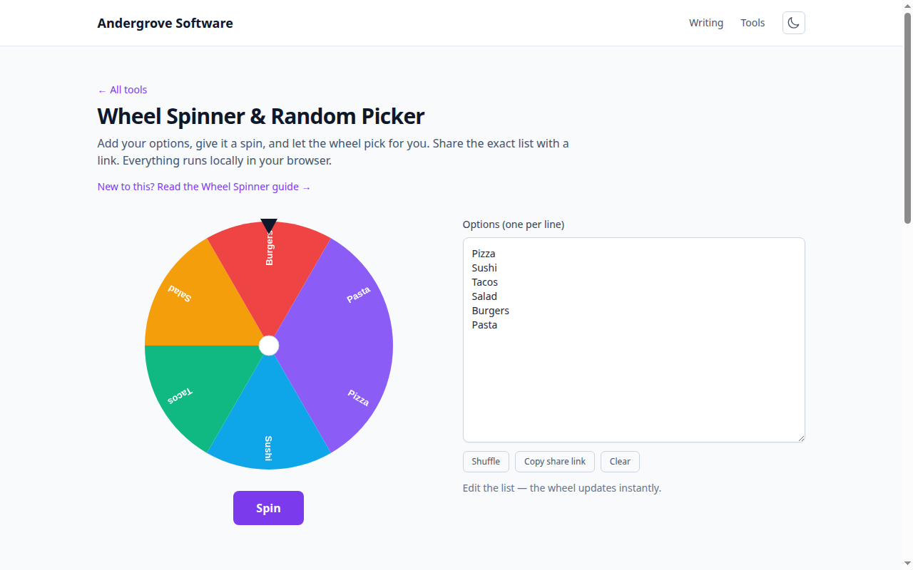 Screenshot of the Wheel Spinner tool on andergrove.com