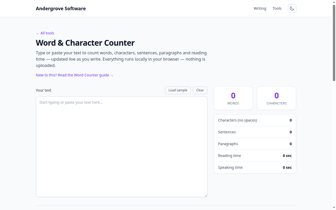 Screenshot of the Word & Character Counter tool on andergrove.com
