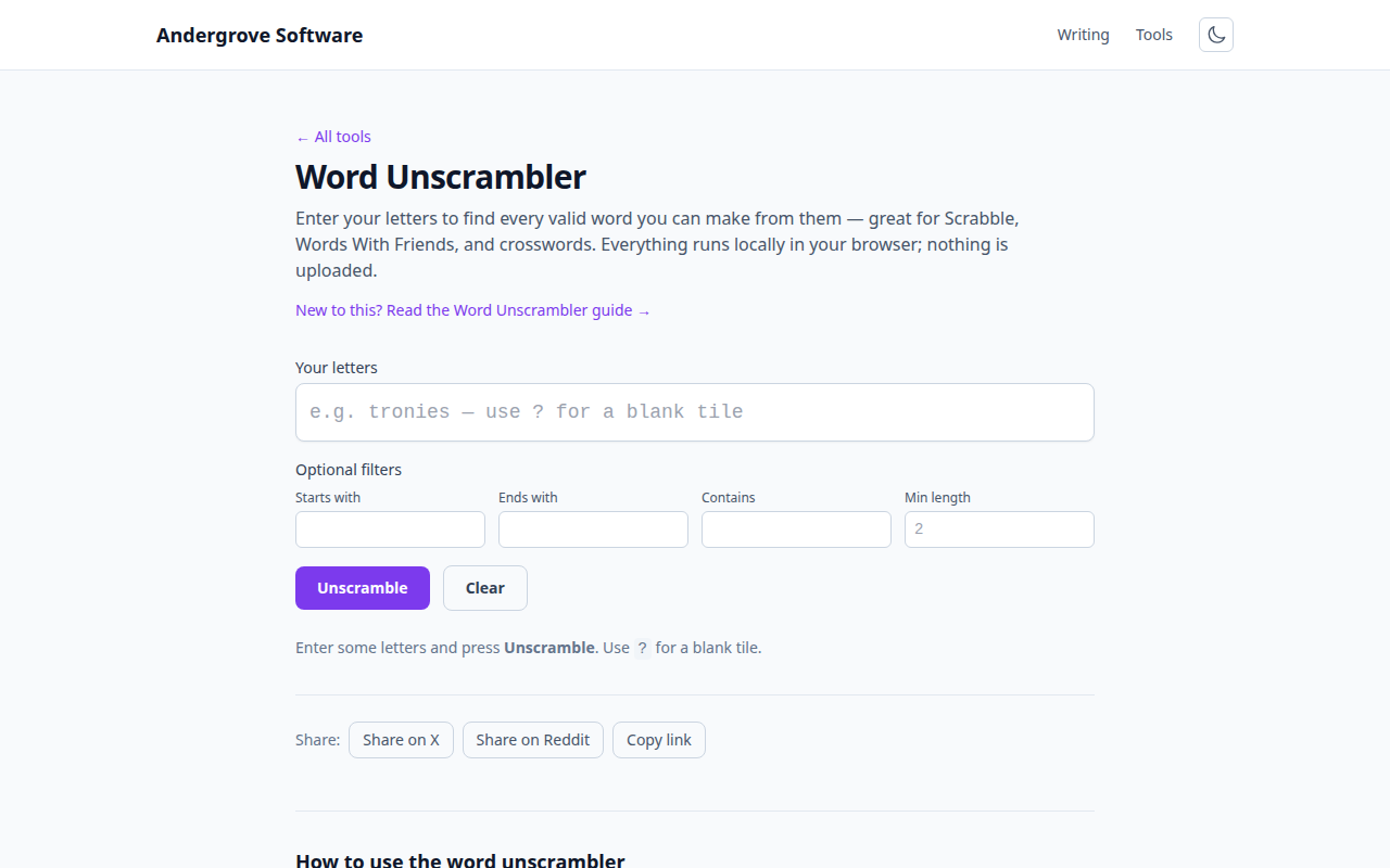 Screenshot of the Word Unscrambler tool on andergrove.com